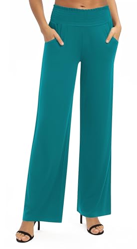 EXCHIC Damen Leichtgewicht Elastisch Hohe Taille Hose Casual Weite Bein Dehnbar Lounge Hosen mit Taschen (XXL, Blaugrün) von EXCHIC