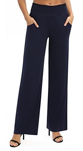 EXCHIC Damen Einfarbig Lose Gerade Geschnitten Palazzo Hose Hohe Taille Dehnbar Lounge Hose mit Taschen (L, Navy Blau) von EXCHIC