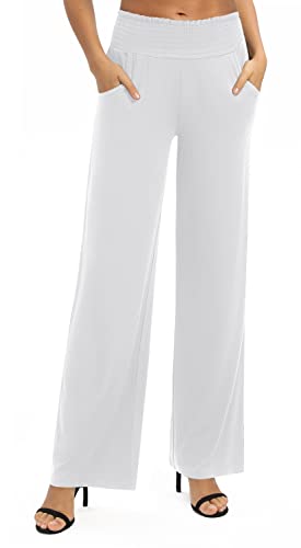 EXCHIC Damen Einfarbig Lose Gerade Geschnitten Palazzo Hose Hohe Taille Dehnbar Lounge Hosen mit Taschen(L, Weiß) von EXCHIC