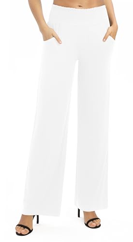 EXCHIC Damen Einfarbig Lose Gerade Geschnitten Palazzo Hose Hohe Taille Dehnbar Lounge Hosen mit Taschen(S, Weiß) von EXCHIC