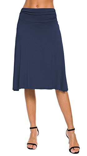 EXCHIC Damen Elastische Taille Einfarbig A-Linie Yoga Rock (L, Navy Blau) von EXCHIC