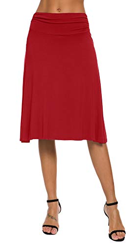 EXCHIC Damen Elastische Taille Einfarbig A-Linie Yoga Rock (L, Rot) von EXCHIC