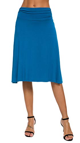 EXCHIC Damen Elastische Taille Einfarbig A-Linie Yoga Rock (L, Stahlblau) von EXCHIC