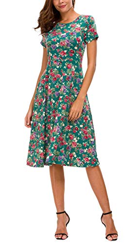 EXCHIC Damen Elegant Blumendruck Kleid Rundhals Knielang Kleider (L, 1) von EXCHIC