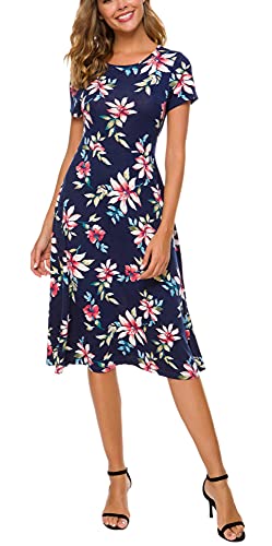 EXCHIC Damen Elegant Casual Rundhals A-Linie Kurzarm Midi Kleider Blumenmuster Rundhals Sommer Knielang Kleider(L, 11) von EXCHIC