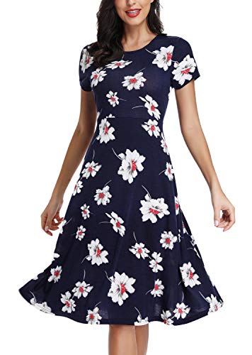 EXCHIC Damen Elegant Blumendruck Kleid Rundhals Knielang Kleider (L, 3) von EXCHIC