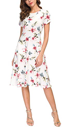 EXCHIC Damen Elegant Blumendruck Kleid Rundhals Knielang Kleider (L, 5) von EXCHIC