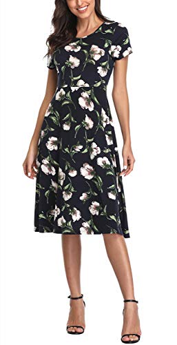 EXCHIC Damen Elegant Blumendruck Kleid Rundhals Knielang Kleider (L, 8) von EXCHIC