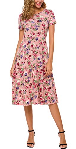 EXCHIC Damen Elegant Blumendruck Kleid Rundhals Knielang Kleider (S, 12) von EXCHIC