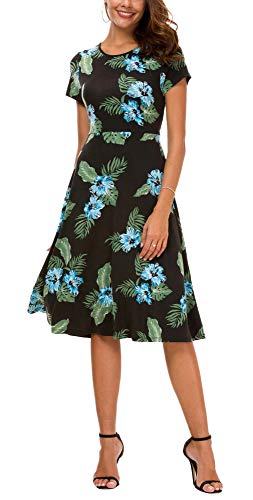 EXCHIC Damen Elegant Blumendruck Kleid Rundhals Knielang Kleider (S, 2) von EXCHIC