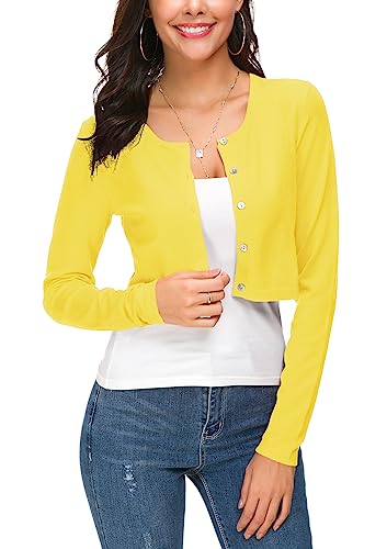 EXCHIC Damen Elegant Langarm Bolero Strickjacke mit Knöpfe Rundhals Festlich Gestrickte Shrug Kurz Cardigan für Kleider (L, Zitronengelb) von EXCHIC