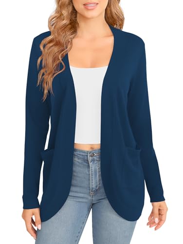 EXCHIC Damen Elegante Leichte Langarm Cardigan Curved Saum Offene Front Strickpullover mit Taschen(L, Indigo Blau) von EXCHIC