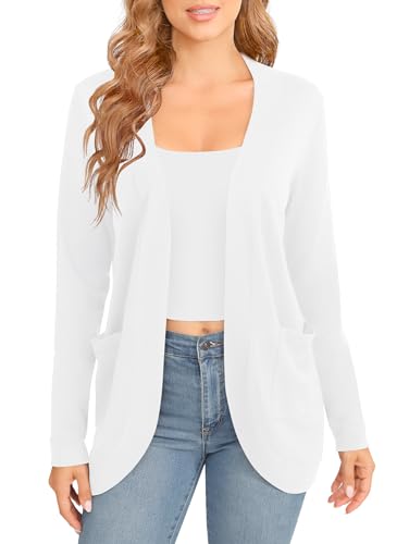 EXCHIC Damen Elegante Leichte Langarm Cardigan Curved Saum Offene Front Strickpullover mit Taschen(L, Weiß) von EXCHIC