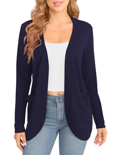 EXCHIC Damen Elegante Leichte Langarm Cardigan Curved Saum Offene Front Strickpullover mit Taschen(M, Navy Blau) von EXCHIC