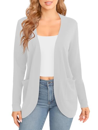 EXCHIC Damen Elegante Leichte Langarm Cardigan Curved Saum Offene Front Strickpullover mit Taschen(XXL, Hellgrau) von EXCHIC