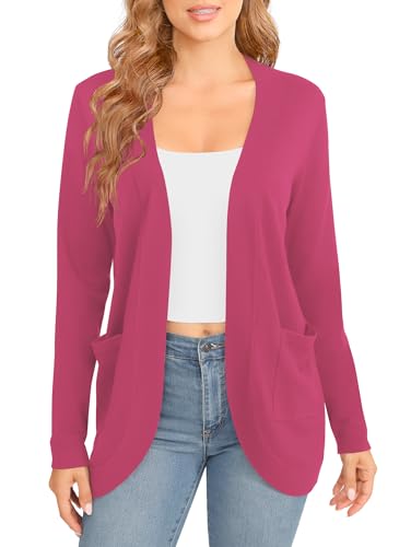 EXCHIC Damen Elegante Leichte Langarm Cardigan Curved Saum Offene Front Strickpullover mit Taschen(XXL, Roserot) von EXCHIC