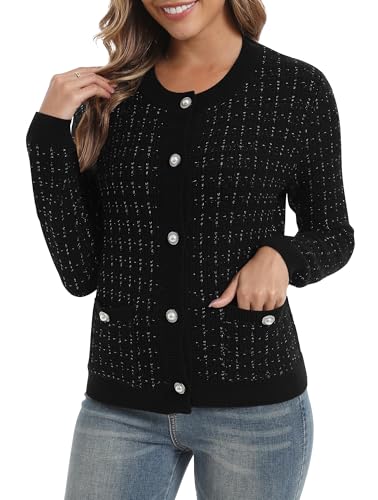 EXCHIC Damen Elegante Slim Fit Langarm Offene Front Strickjacke Cardigan Rundhals Button Down Gestrickte Blazer mit Taschen(L, Schwarz) von EXCHIC