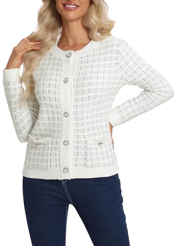 EXCHIC Damen Elegante Slim Fit Langarm Offene Front Strickjacke Cardigan Rundhals Button Down Gestrickte Blazer mit Taschen(L, Weiß) von EXCHIC