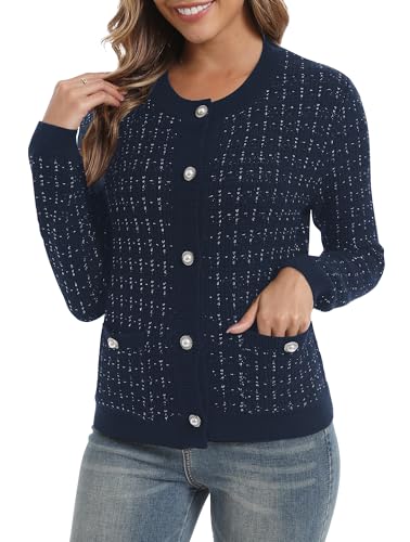 EXCHIC Damen Elegante Slim Fit Langarm Offene Front Strickjacke Cardigan Rundhals Button Down Gestrickte Blazer mit Taschen(M, Marineblau) von EXCHIC