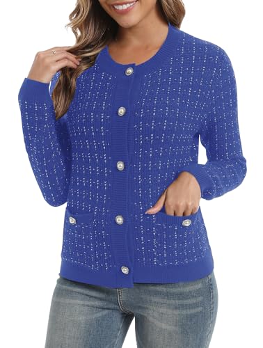 EXCHIC Damen Elegante Slim Fit Langarm Offene Front Strickjacke Cardigan Rundhals Button Down Gestrickte Blazer mit Taschen(S, Königsblau) von EXCHIC