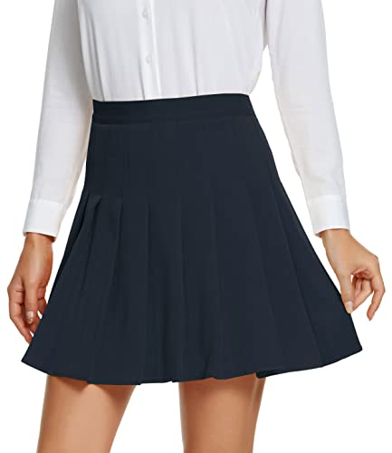 EXCHIC Damen Falten Hohe Taille Beiläufig Skater College-Stil Röcke (Navy Blau, M) von EXCHIC