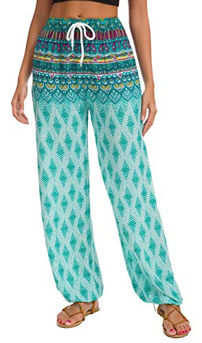 EXCHIC Damen Sommer Elastische Taille Boho Haram Hose Beilaufig Strand Hippie Hose Yoga mit Taschen (L, 20) von EXCHIC