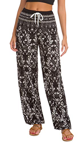 EXCHIC Damen Sommer Elastische Taille Boho Haram Hose Beilaufig Strand Hippie Hose Yoga mit Taschen (L, 21) von EXCHIC