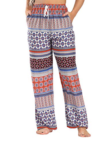 EXCHIC Damen Sommer Elastische Taille Boho Haram Hose Beilaufig Strand Hippie Hose Yoga mit Taschen (S, 22) von EXCHIC