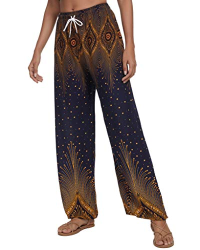 EXCHIC Damen Sommer Elastische Taille Boho Haram Hose Beilaufig Strand Hippie Hose Yoga mit Taschen (L, 25) von EXCHIC