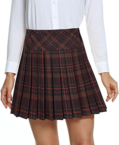 Damen Schule Stil Elastische High Taille Faltenrock A-Linie Kariert Tennis Mini Röcke mit Kurze Hosen(L, 21) von EXCHIC