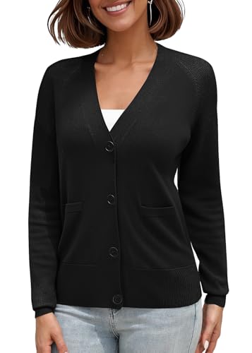 EXCHIC Damen Klassische Langarm V-Ausschnitt Button Down Strickjacke Cardigan mit Taschen(L, Schwarz) von EXCHIC