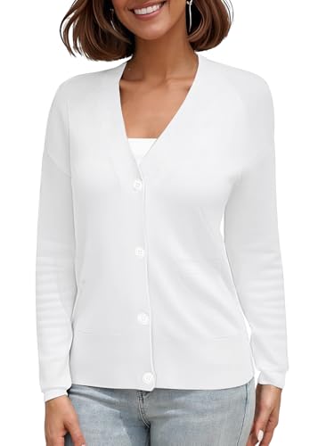 EXCHIC Damen Klassische Langarm V-Ausschnitt Button Down Strickjacke Cardigan mit Taschen(M, Weiß) von EXCHIC