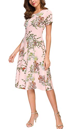 EXCHIC Damen-Kleid mit Blumendruck, Sommer, leger, A-Linie, Hohe Taille, Kurzarm-Midikleid, 6, Groß von EXCHIC