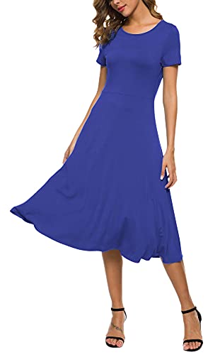 EXCHIC Damen Casual Rundhals A-Linie Kurzarm Midi Kleid Sommer Stretchy Knie Langes Freizeitkleider(L, Königsblau) von EXCHIC