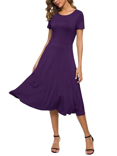 EXCHIC Damen Casual Rundhals A-Linie Kurzarm Midi Kleid Sommer Stretchy Knie Langes Freizeitkleider(L, Violett) von EXCHIC