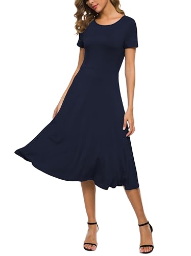 EXCHIC Damen Casual Rundhals A-Linie Kurzarm Midi Kleid Sommer Stretchy Knie Langes Freizeitkleider(L, Navy blau) von EXCHIC