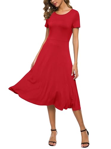 EXCHIC Damen Casual Rundhals A-Linie Kurzarm Midi Kleid Sommer Stretchy Knie Langes Freizeitkleider(L, Rot) von EXCHIC