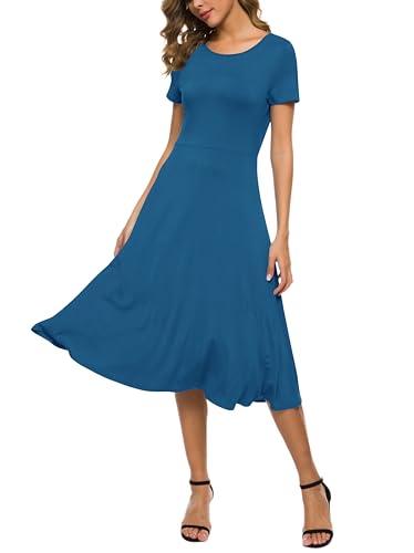 EXCHIC Damen Casual Rundhals A-Linie Kurzarm Midi Kleid Sommer Stretchy Knie Langes Freizeitkleider(L, Stahlblau) von EXCHIC