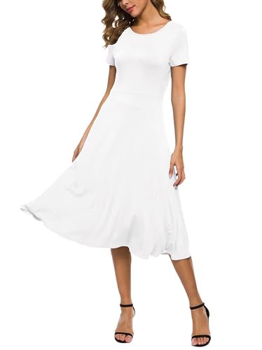 EXCHIC Damen Casual Rundhals A-Linie Kurzarm Midi Kleid Sommer Stretchy Knie Langes Freizeitkleider(M, Weiß) von EXCHIC