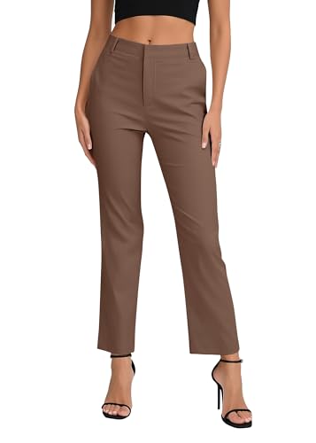 EXCHIC Damen Komfortabel Dehnbar Gerade Bein Freizeit Hosen Hohe Taille Arbeitshose mit Taschen(L, Tiefer Kaffee) von EXCHIC
