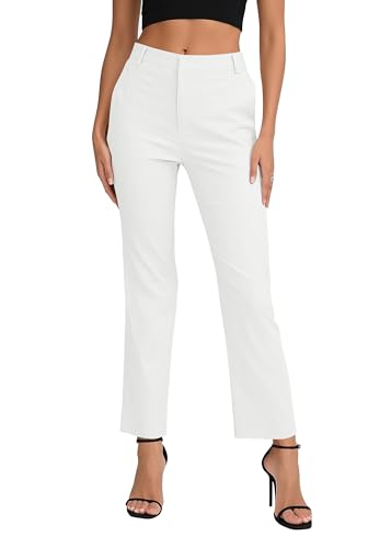 EXCHIC Damen Komfortabel Dehnbar Gerade Bein Freizeit Hosen Hohe Taille Arbeitshose mit Taschen(L, Weiß) von EXCHIC