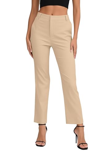 EXCHIC Damen Komfortabel Dehnbar Gerade Bein Freizeit Hosen Hohe Taille Arbeitshose mit Taschen(S, Weiß) von EXCHIC