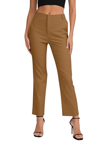 EXCHIC Damen Komfortabel Dehnbar Gerade Bein Freizeit Hosen Hohe Taille Arbeitshose mit Taschen(XL, Kaffee) von EXCHIC