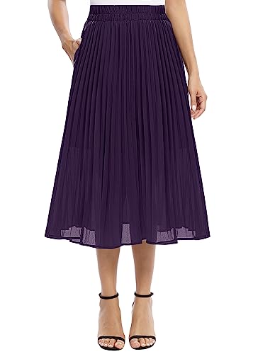 EXCHIC Damen Fließender Chiffon Elastisch Taille Midi Rock Freizeit A-Linie Knielange Falten Rock mit Tasche (L, Dunkelviolett) von EXCHIC