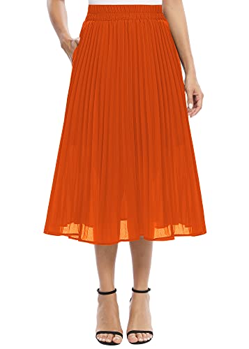 EXCHIC Damen Fließender Chiffon Elastisch Taille Midi Rock Freizeit A-Linie Knielange Falten Rock mit Tasche (M, Orange) von EXCHIC