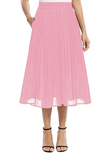 EXCHIC Damen Fließender Chiffon Elastisch Taille Midi Rock Freizeit A-Linie Knielange Falten Rock mit Tasche (M, Rosa) von EXCHIC