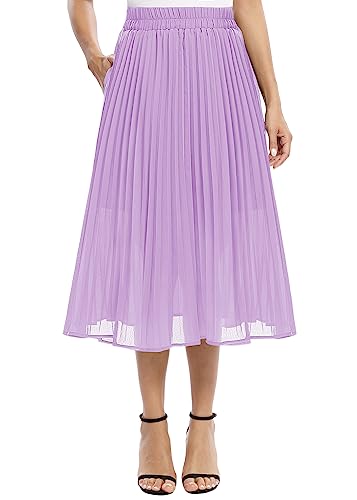 EXCHIC Damen Fließender Chiffon Elastisch Taille Midi Rock Freizeit A-Linie Knielange Falten Rock mit Tasche (S, Lavendel) von EXCHIC
