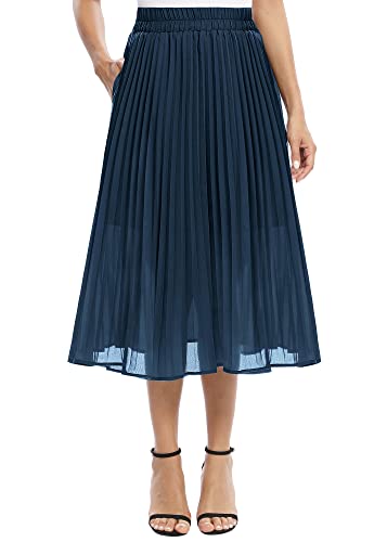 EXCHIC Damen Lässig Chiffon Elastisch Taille Eine Linie Falten Midirock mit Tasche (L, Navy Blau) von EXCHIC