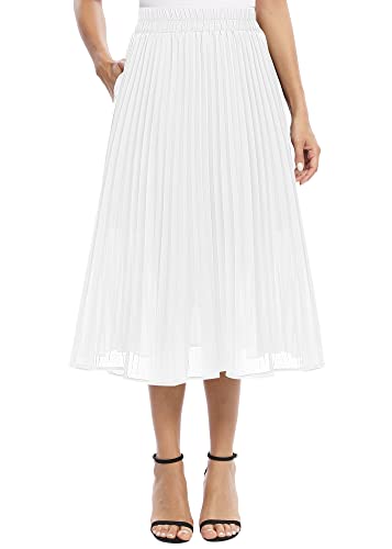 EXCHIC Damen Fließender Chiffon Elastisch Taille Midi Rock Freizeit A-Linie Knielange Falten Rock mit Tasche (L, Weiß) von EXCHIC