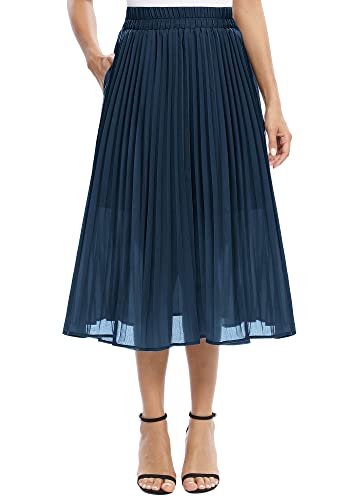 EXCHIC Damen Fließender Chiffon Elastisch Taille Midi Rock Freizeit A-Linie Knielange Falten Rock mit Tasche (M, Navy Blau) von EXCHIC